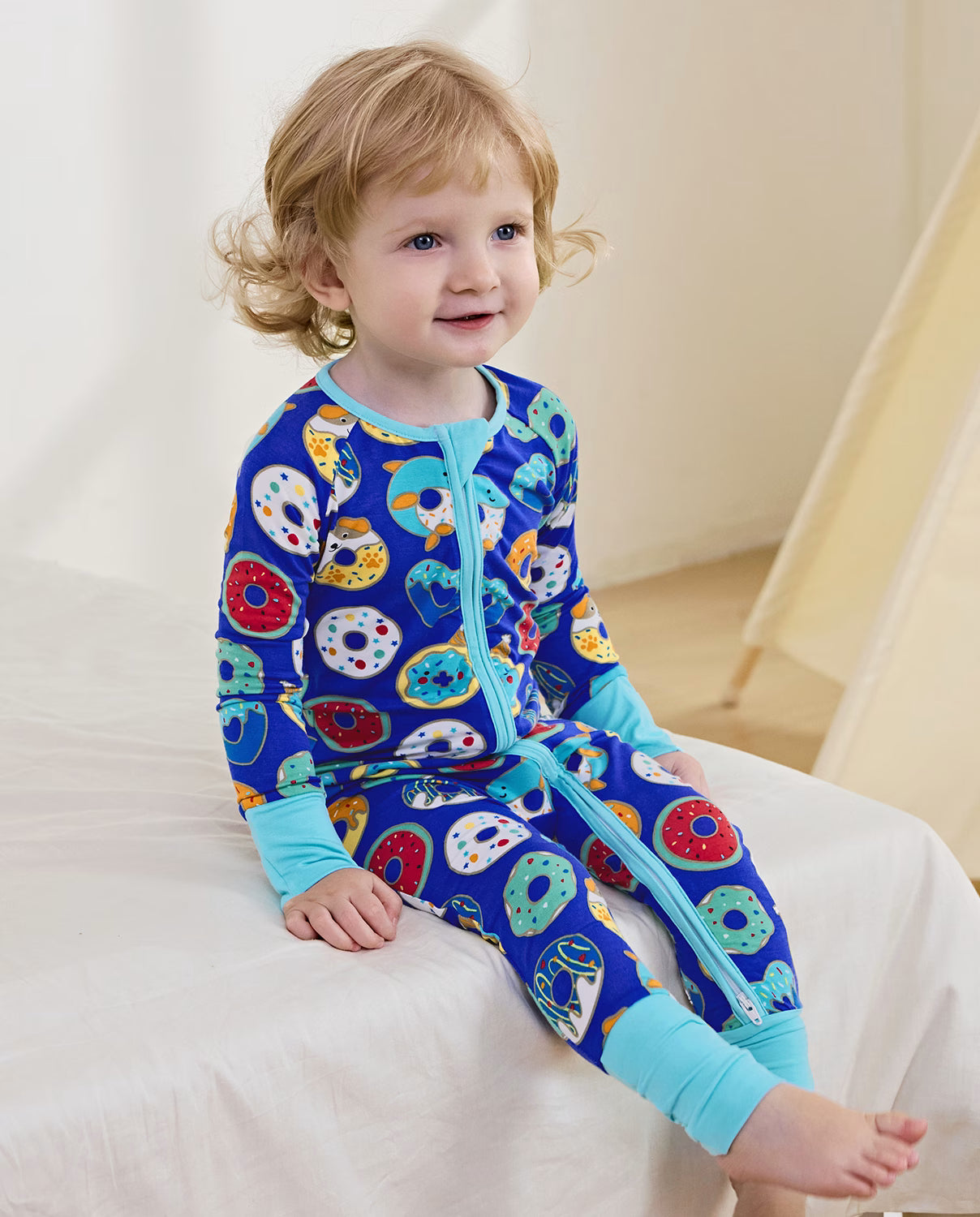 Donut Party Bamboo Zippy, donut party bamboo zippy lifestyle sitting on bed 03