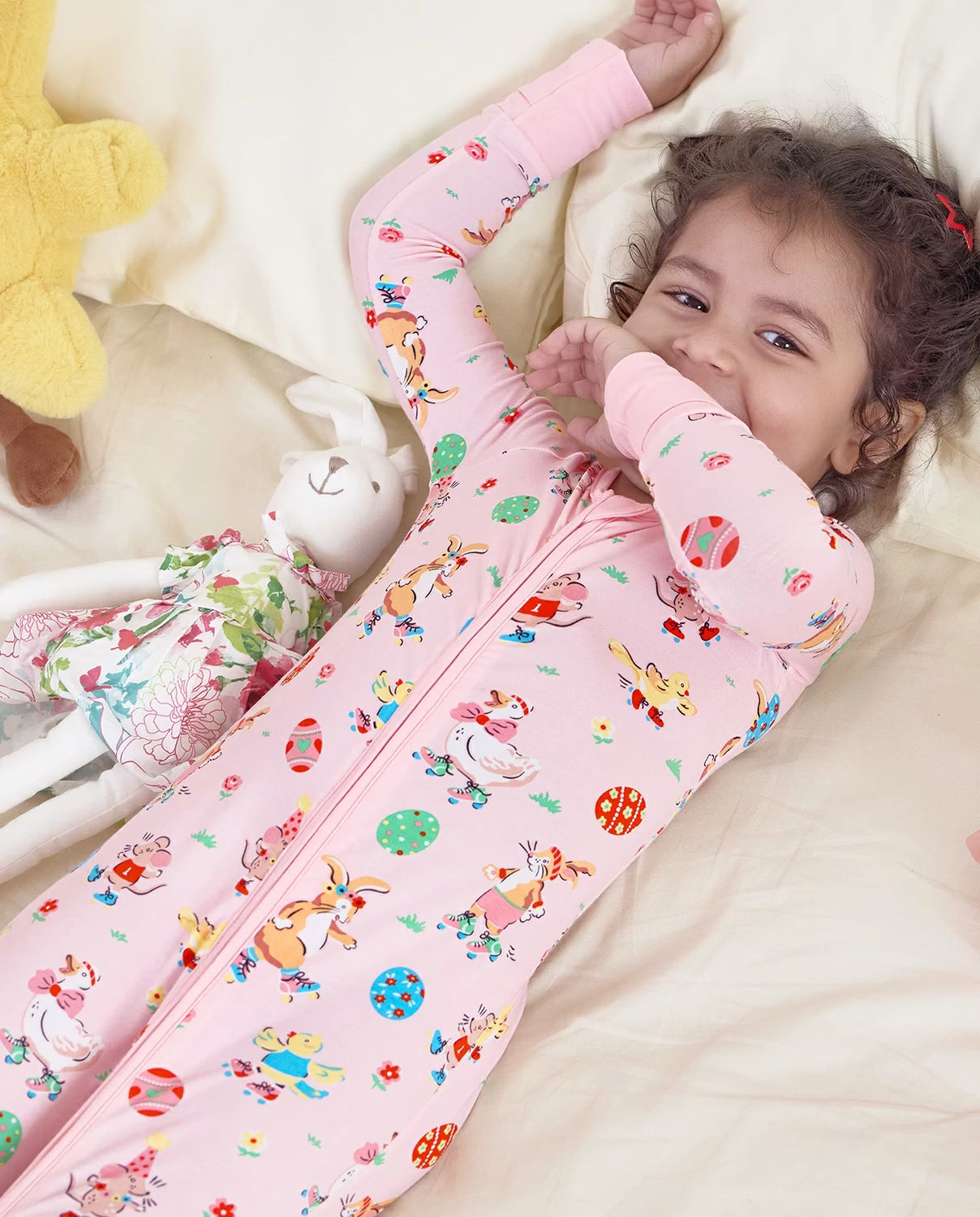Easter Bunny Bamboo Zippy, easter bunny bamboo zippy lifestyle laughing in bed 2