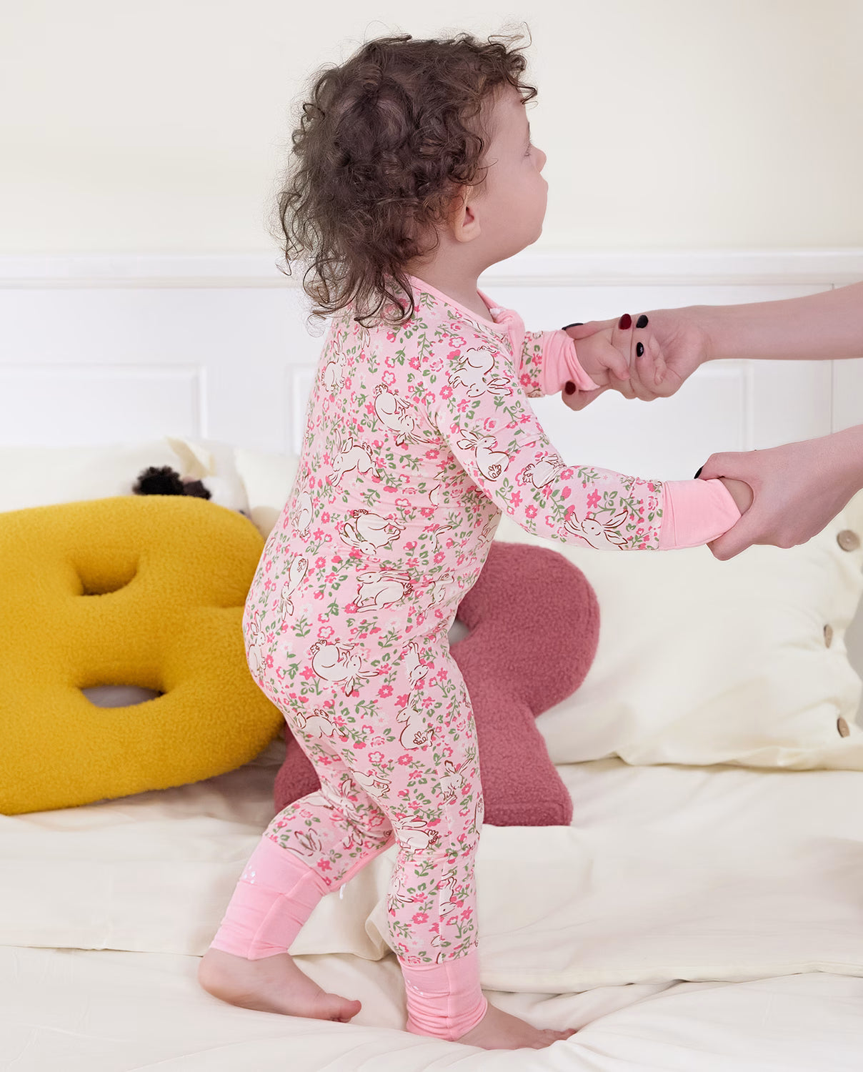 Floral Bunny Bamboo Zippy, floral bunny bamboo zippy 04 lifestyle standing back holding hands