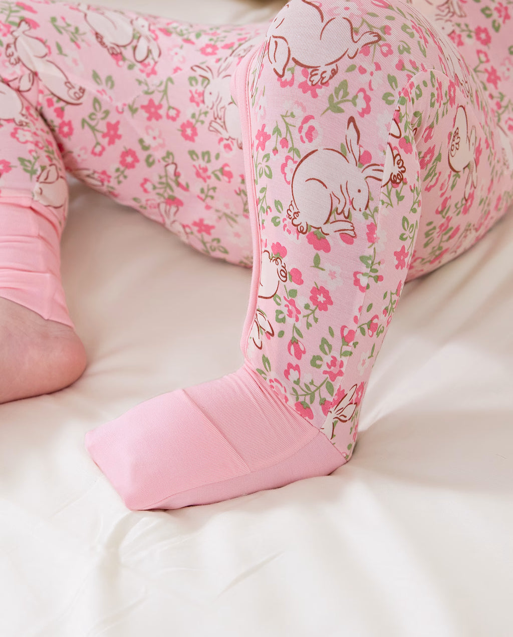 Floral Bunny Bamboo Zippy, floral bunny bamboo zippy 05 detail footed fit closeup