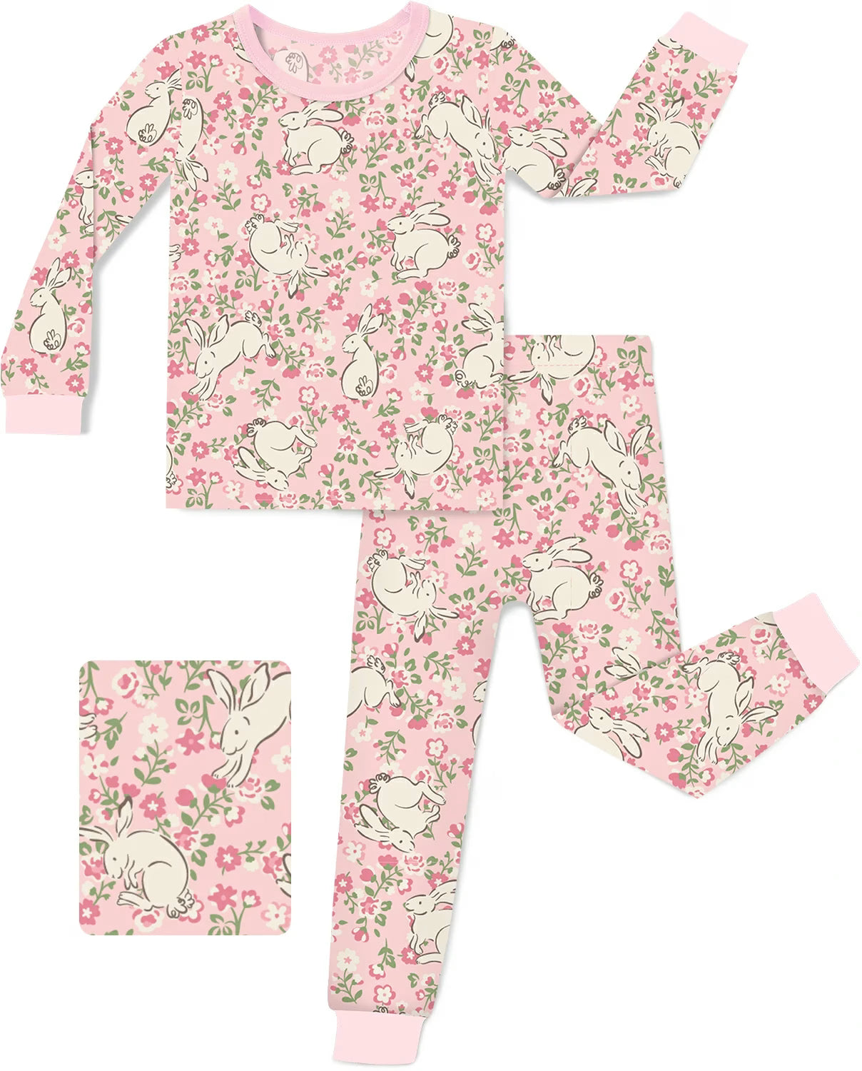 Floral Bunny Long Two-Piece Pajama Set, floral bunny two piece pajama set main