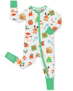 Gingerbread Gala Bamboo Zippy laid flat on a white background, showing green trim, Christmas cookie motifs and foot grip dots