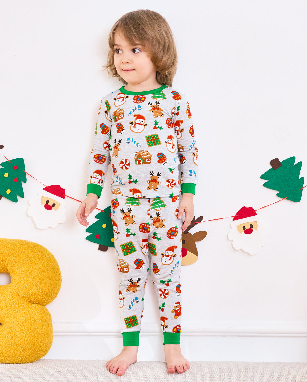 Full front view of Gingerbread Gala matching long-sleeve top and pants