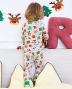 Back close-up of Gingerbread Gala pajamas while a child kneels on a sofa