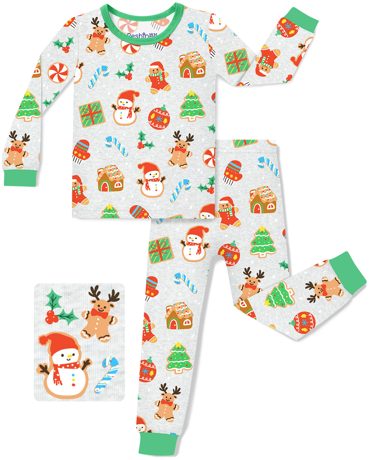 Gingerbread Gala long-sleeve top and matching pants with green trim on a white background