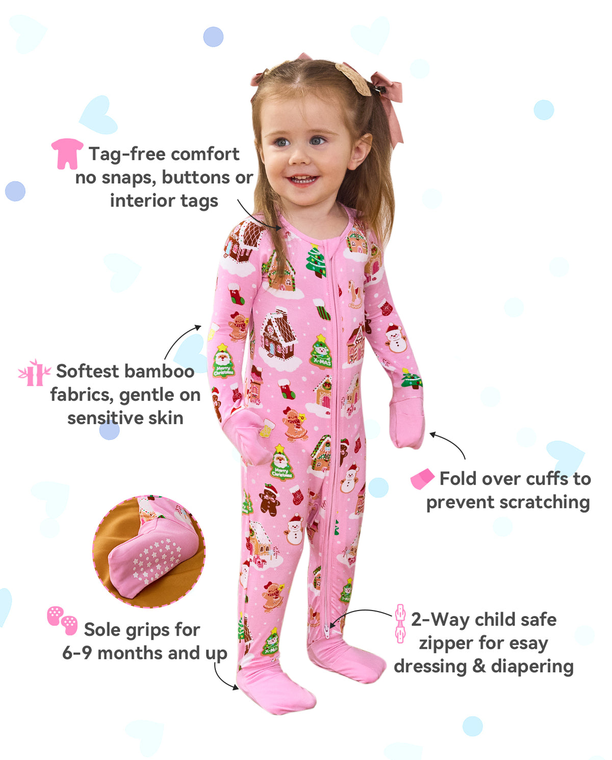 Gingerbread Lane product information graphic with zipper, cuff and sole-grip detail insets.