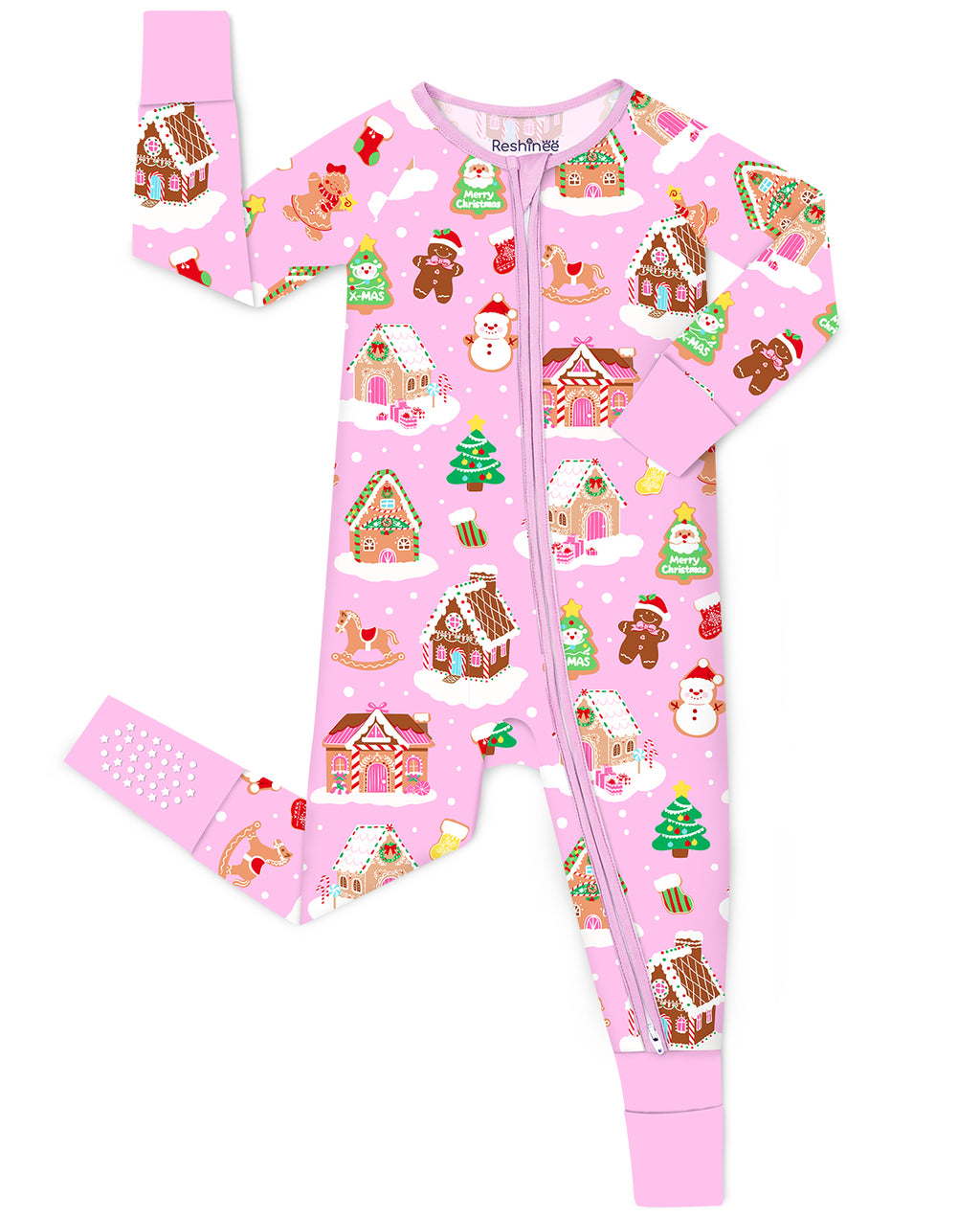 Gingerbread Lane zip-up romper with pink trim and visible sole grips, laid flat on white.