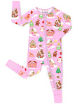 Gingerbread Lane zip-up romper with pink trim and visible sole grips, laid flat on white.