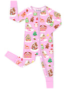 Gingerbread Lane zip-up romper with pink trim and visible sole grips, laid flat on white.