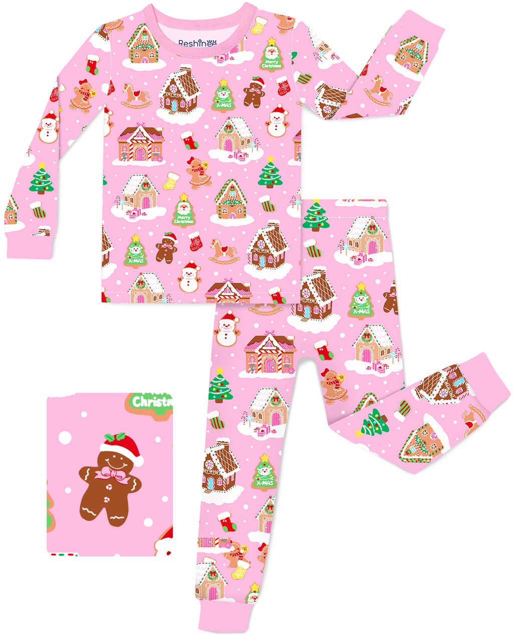 Pink Gingerbread Lane long-sleeve top and matching pants laid flat on white.