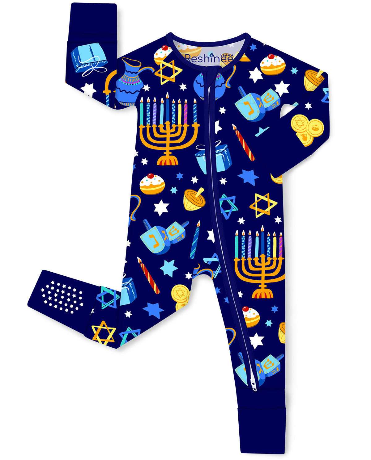 Hanukkah Magic zip-up romper laid flat on white, with navy trim and visible sole grips.