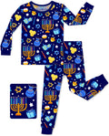 Hanukkah Magic long-sleeve top and matching pants laid flat on white, with navy trim.