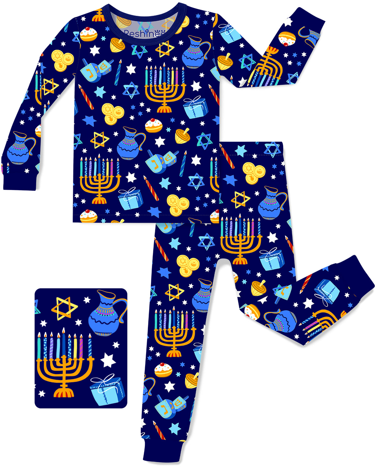 Hanukkah Magic long-sleeve top and matching pants laid flat on white, with navy trim.