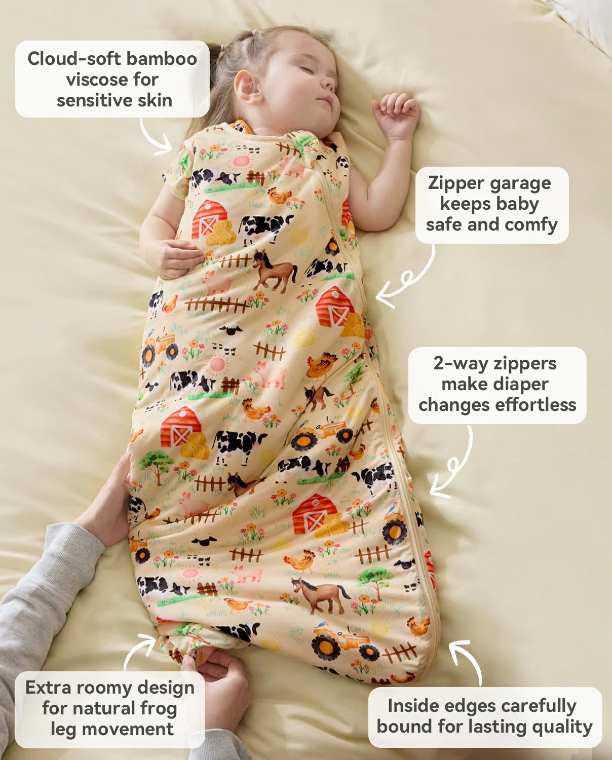 Happy Farmyard Bamboo Baby Sleep Sack, happy farmyard bamboo baby sleep sack features 1