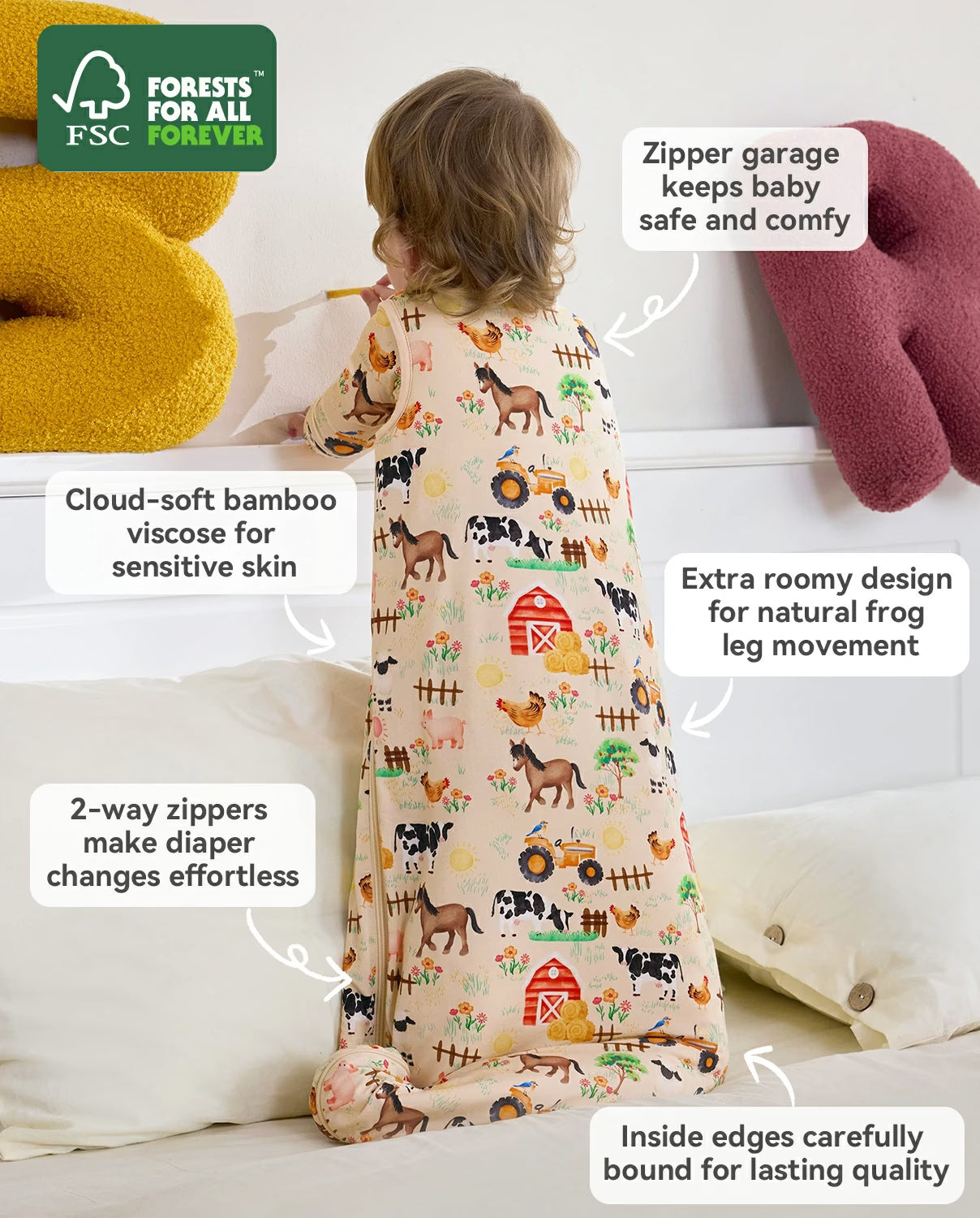 Happy Farmyard Bamboo Baby Sleep Sack, happy farmyard bamboo baby sleep sack fsc features