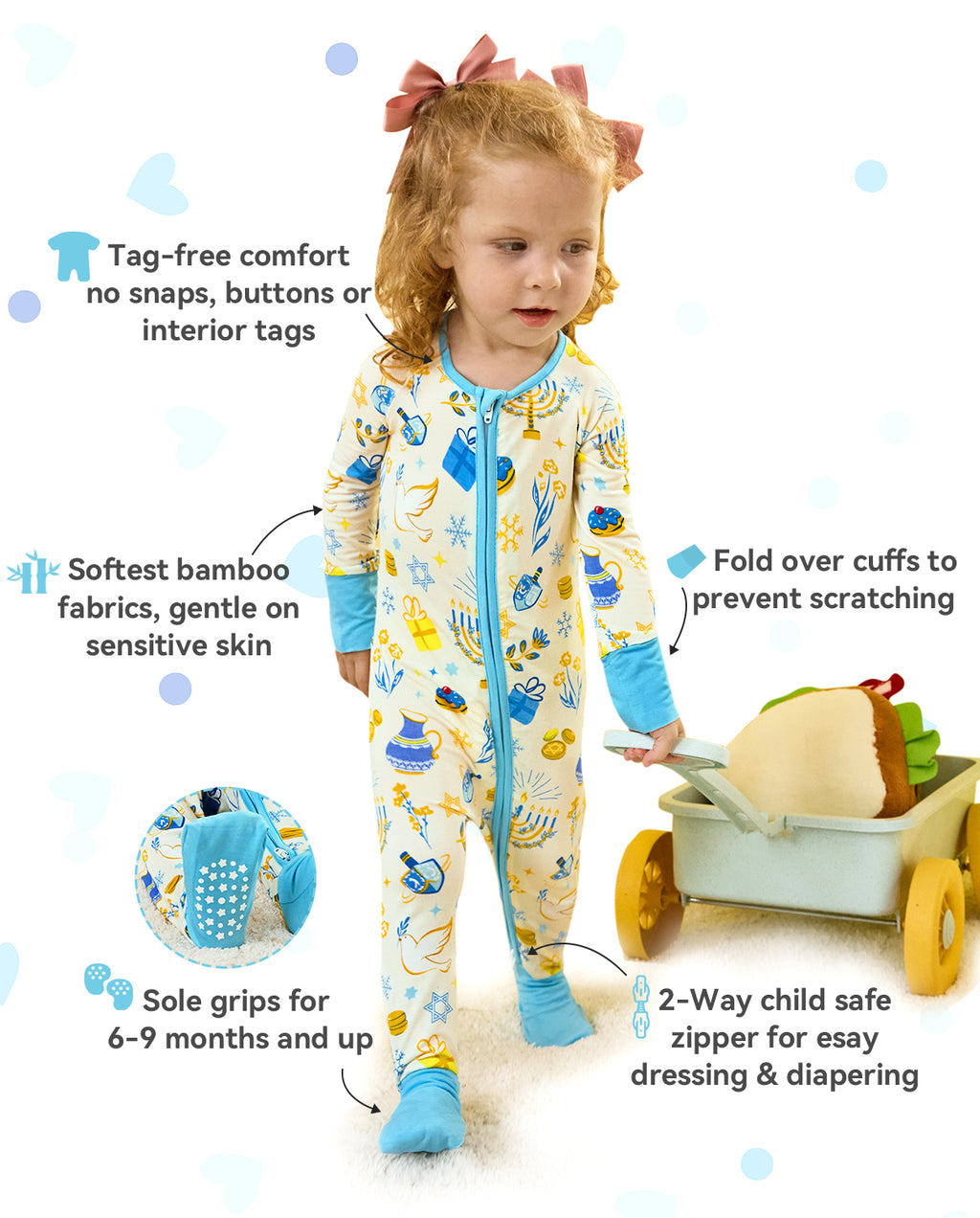 Happy Hanukkah product information graphic with zipper, cuff and sole-grip detail insets.