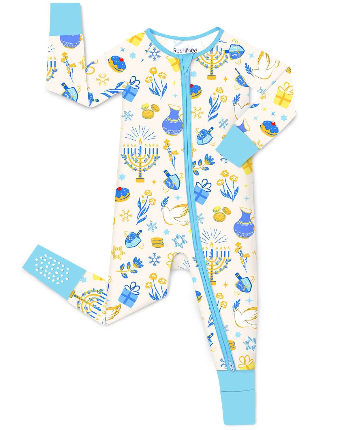 Happy Hanukkah zip-up romper laid flat on white, with light blue trim and visible sole grips.