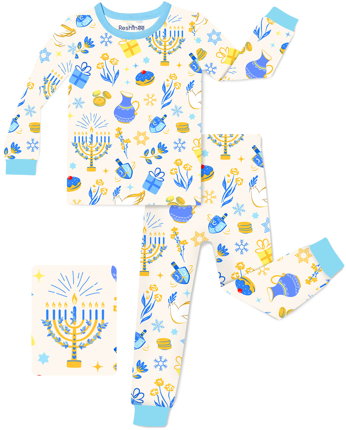 Happy Hanukkah long-sleeve top and matching pants laid flat on white, with light blue trim.