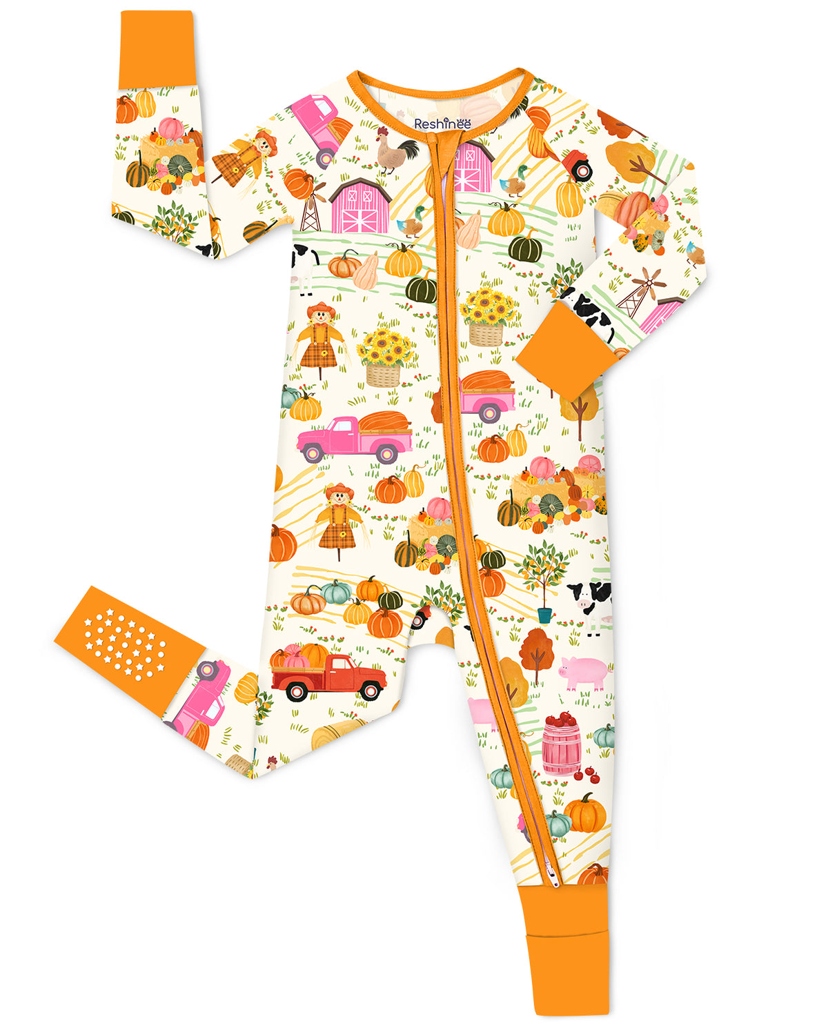 Harvest Farm zip-up romper with orange trim and visible sole grips, laid flat on white.