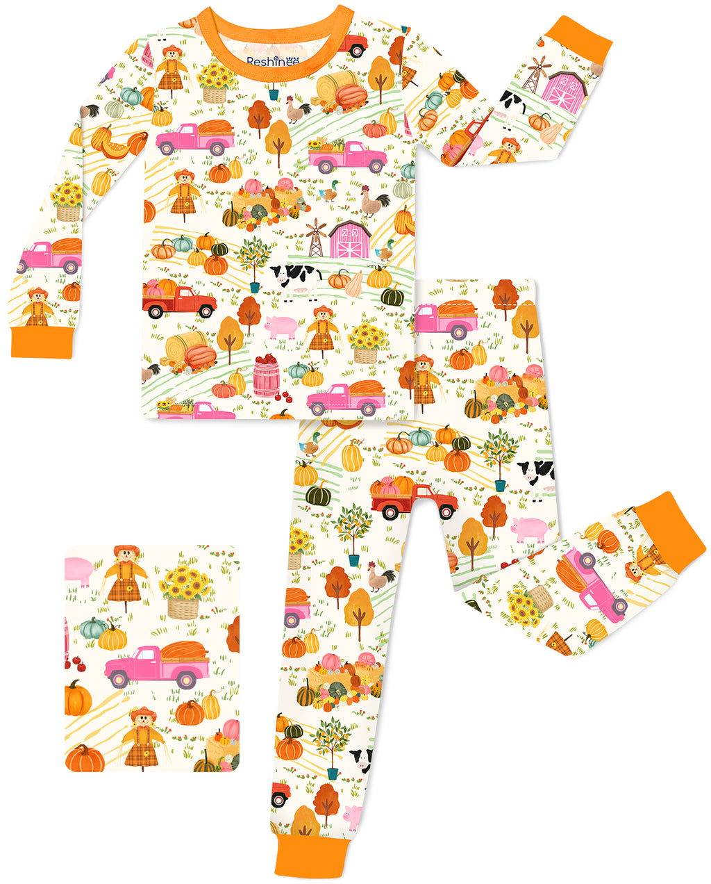 Harvest Farm long-sleeve top and matching pants with orange trim, laid flat on white.