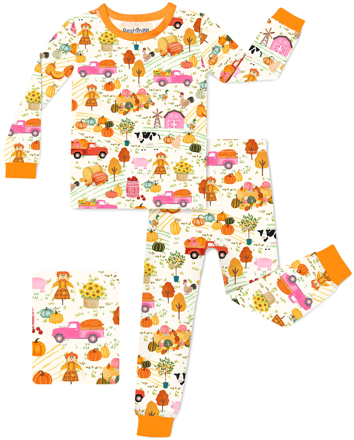 Harvest Farm long-sleeve top and matching pants with orange trim, laid flat on white.