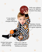 Junior Mitt Bamboo Zippy - feature infographic showing the zipper, mittens, foot grips and cuffs
