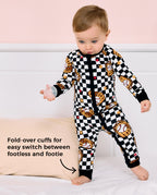 Junior Mitt Bamboo Zippy - toddler standing with one convertible foot cuff folded back