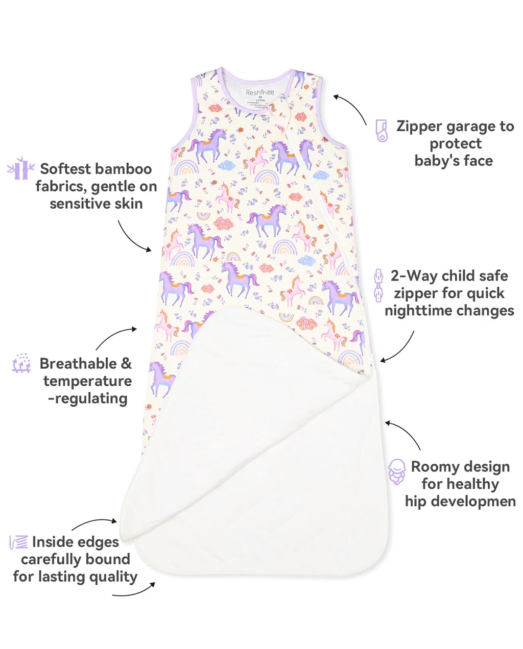 Lavender Unicorn Bamboo Baby Sleep Sack, lavender unicorn bamboo baby sleep sack features overview 03