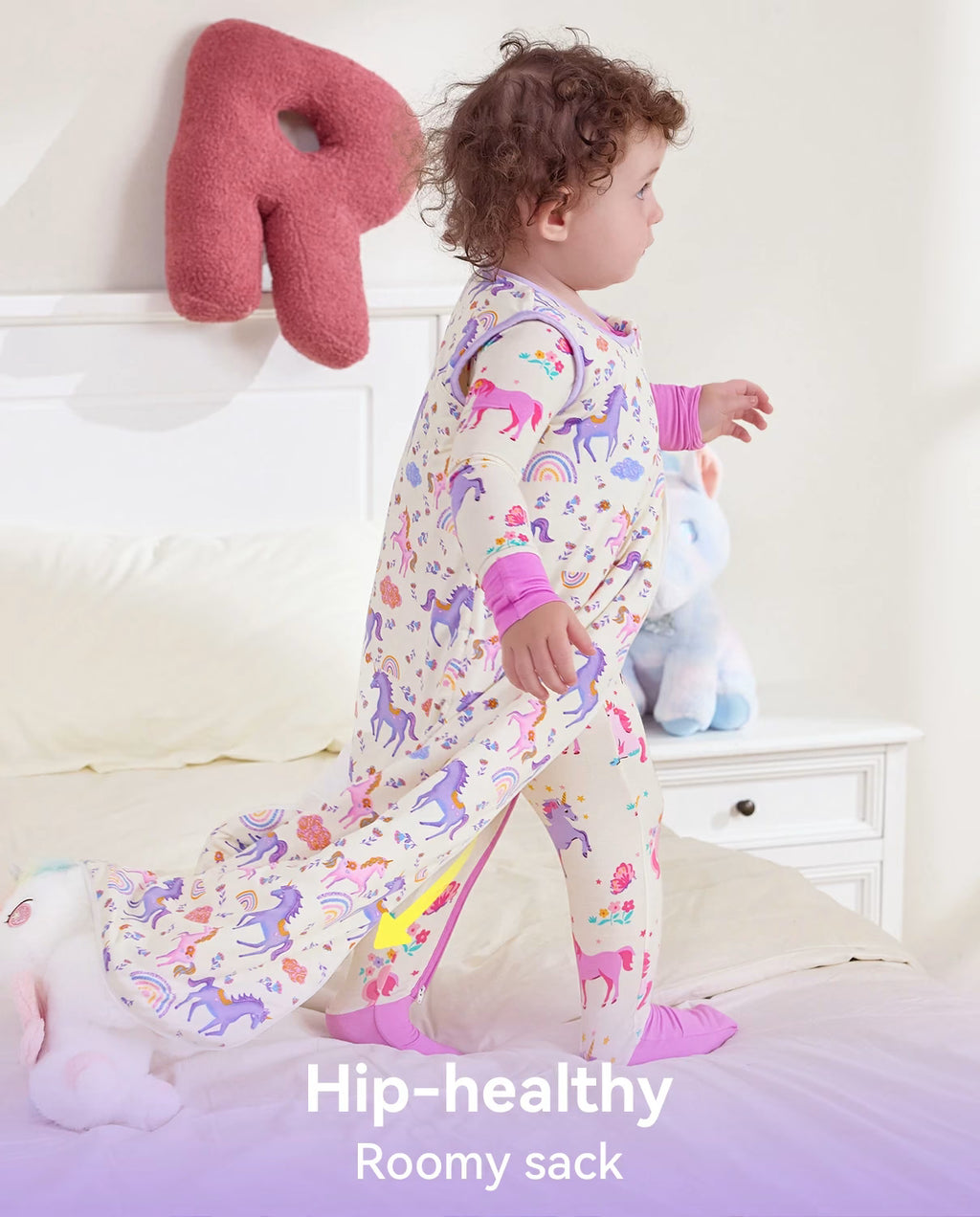 Lavender Unicorn Bamboo Baby Sleep Sack, lavender unicorn bamboo baby sleep sack hip healthy roomy 08