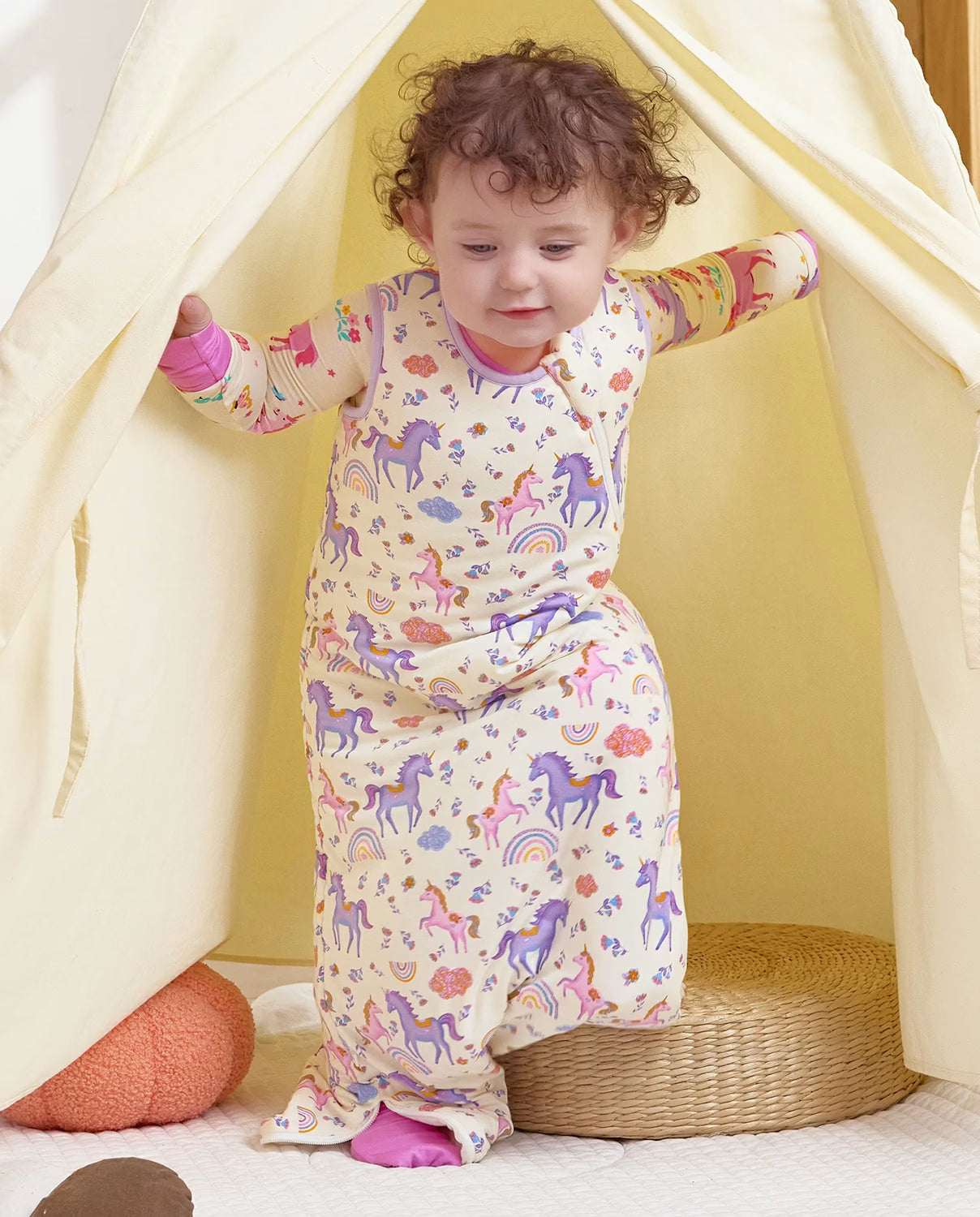 Lavender Unicorn Bamboo Baby Sleep Sack, lavender unicorn bamboo baby sleep sack lifestyle tent front 02