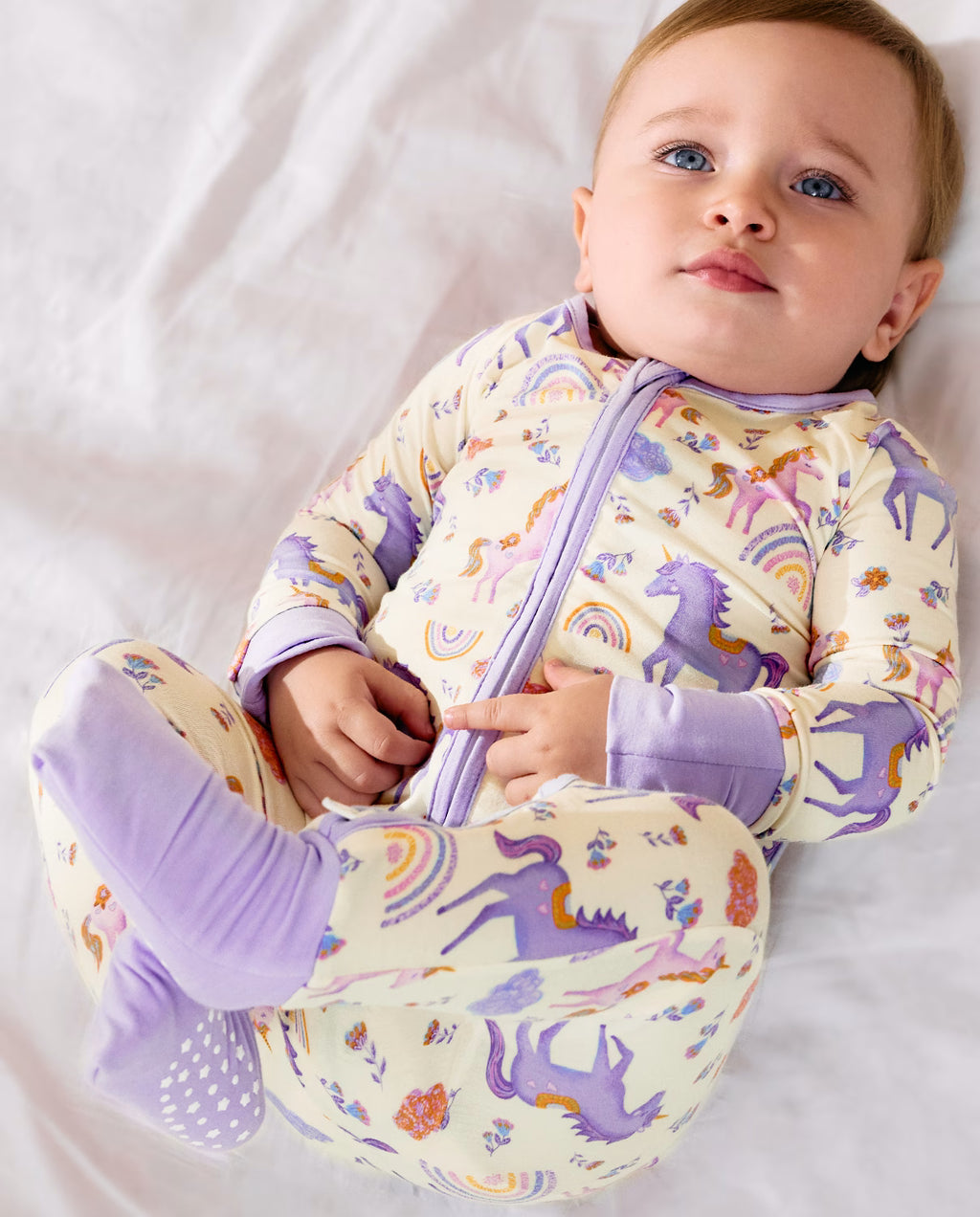 Lavender Unicorn Bamboo Zippy, lavender unicorn bamboo zippy 05 lifestyle laydown front