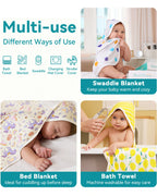 Lavender Unicorn Hooded Baby Bath Towels (2-Pack) - multi-use infographic for swaddling, sleep and bath time