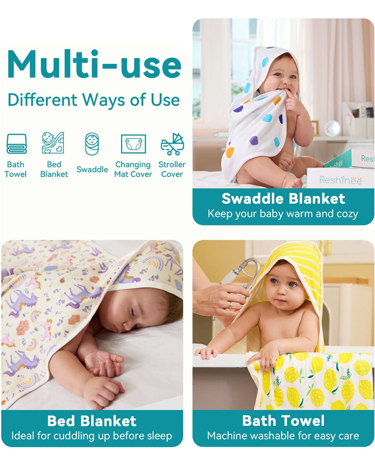 Lavender Unicorn Hooded Baby Bath Towels (2-Pack) - multi-use infographic for swaddling, sleep and bath time