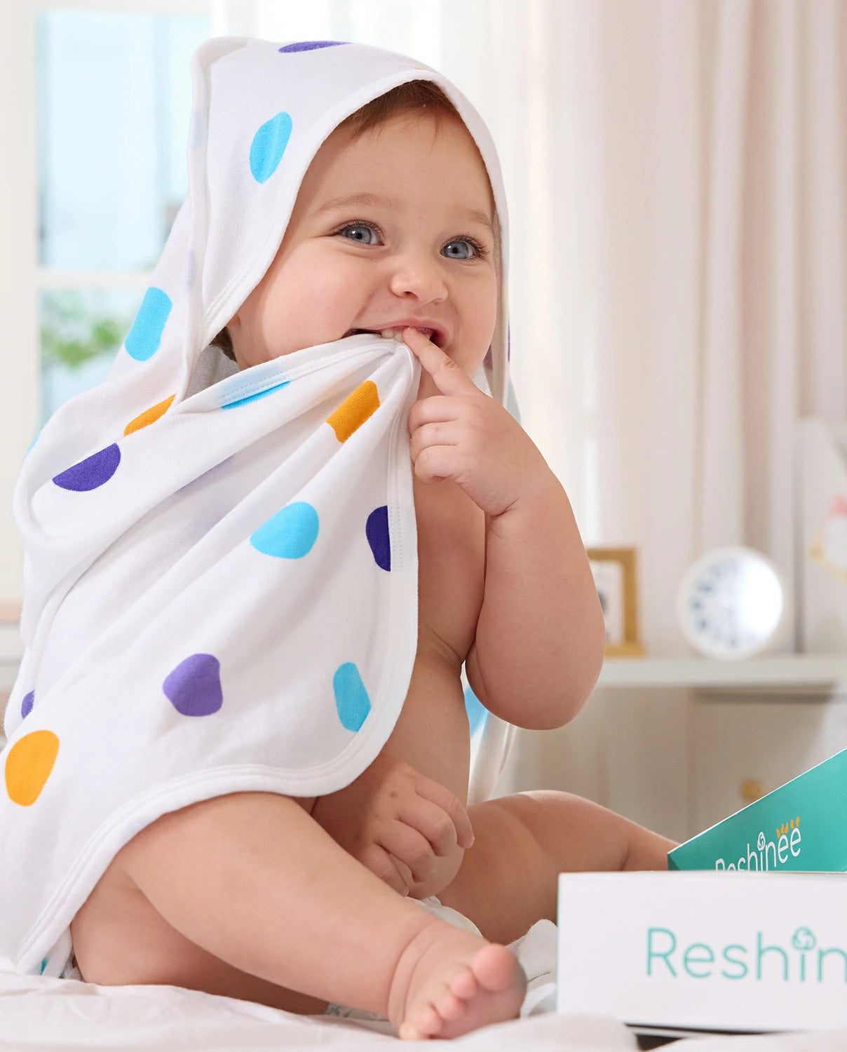 Lavender Unicorn Hooded Baby Bath Towels (2-Pack) - baby wearing the polka-dot hooded towel