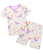 Lavender Unicorn Short Two-Piece Pajama Set - short-sleeve pajama top and shorts laid flat on white