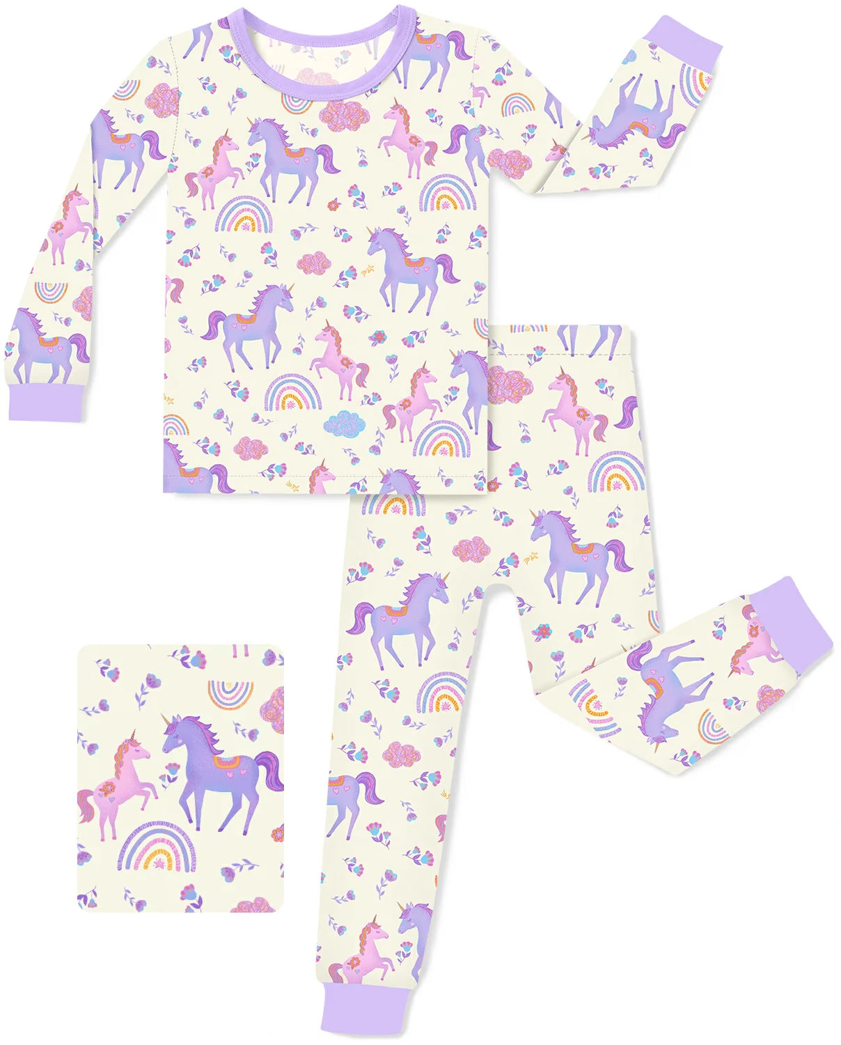 Lavender Unicorn Long Two-Piece Pajama Set, lavender unicorn two piece pajama set main
