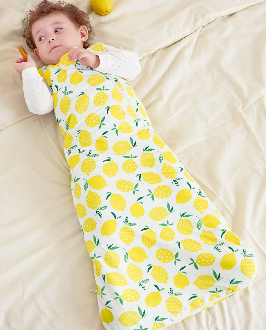 Lemon Tree Bamboo Baby Sleep Sack, lemon tree bamboo baby sleep sack 02 lifestyle lying bed
