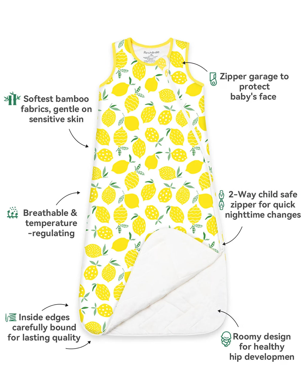 Lemon Tree Bamboo Baby Sleep Sack, lemon tree bamboo baby sleep sack 03 features infographic