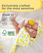 Lemon Tree Hooded Baby Bath Towels (2-Pack) - material information graphic with a baby wrapped in the lemon-print towel