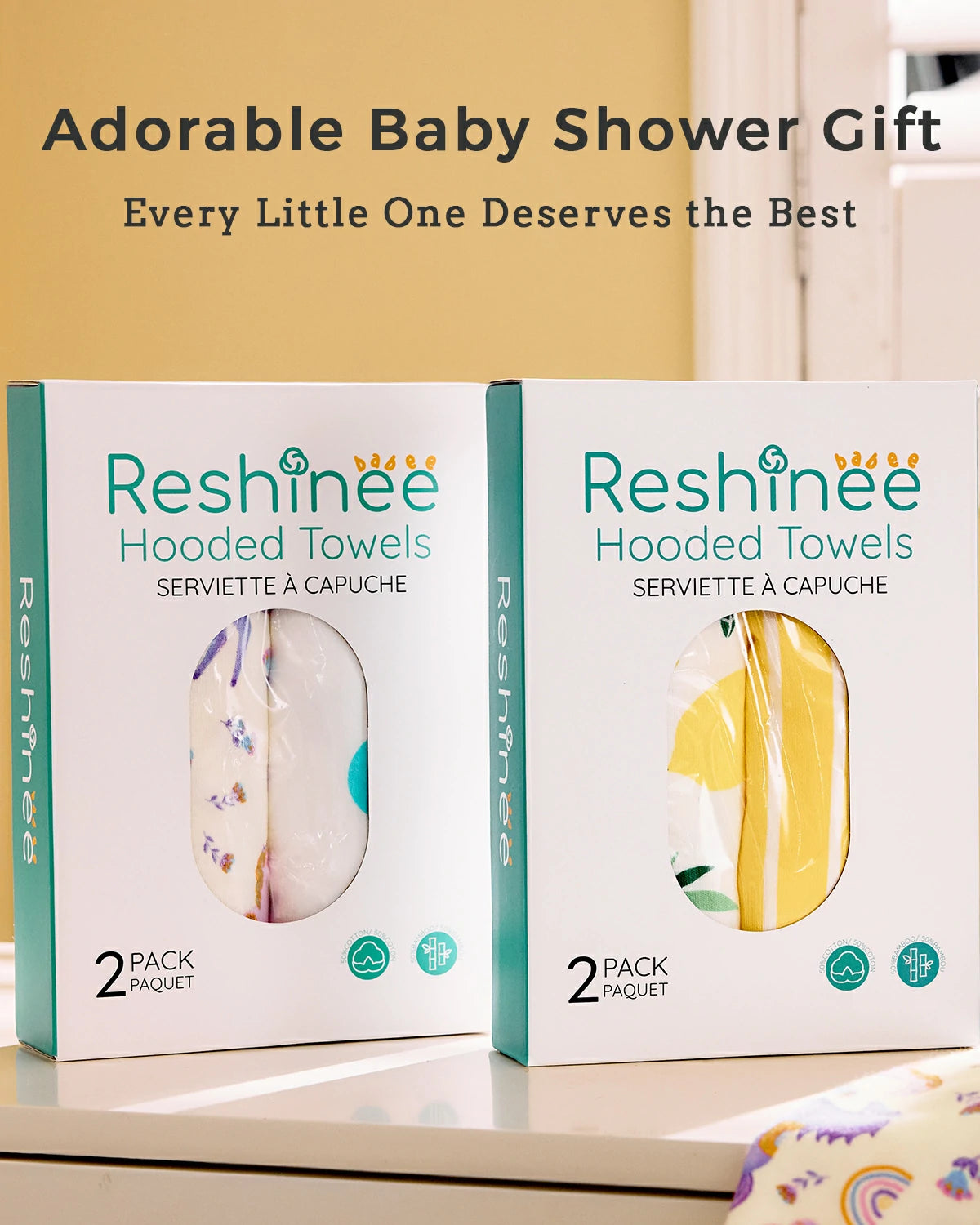 Lemon Tree Hooded Baby Bath Towels (2-Pack) - lemon and unicorn two-pack towel boxes displayed as gifts
