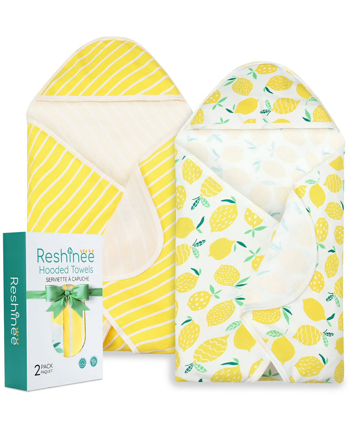 Lemon Tree Hooded Baby Bath Towels (2-Pack) - lemon-print and striped hooded towels with the retail box