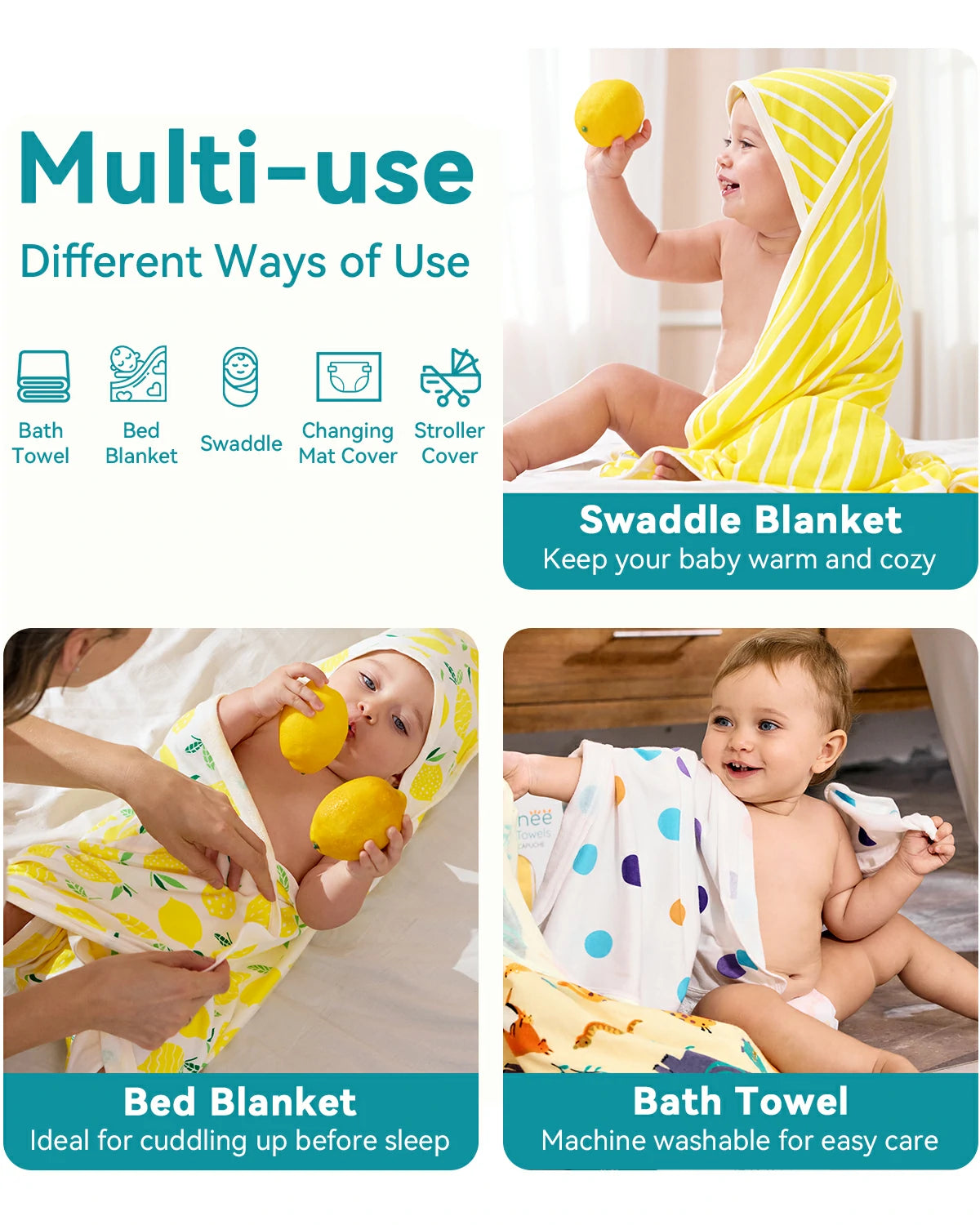 Lemon Tree Hooded Baby Bath Towels (2-Pack) - multi-use infographic for swaddling, sleep and bath time