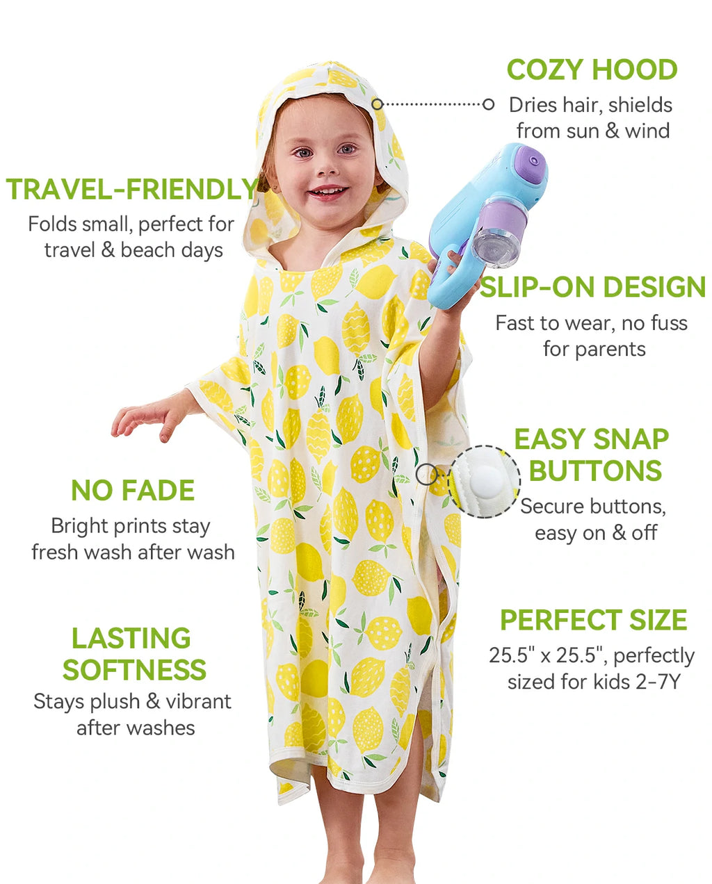 Lemon Tree Hooded Toddler Bath Towel - feature infographic highlighting the hood, snap buttons, size and slip-on design