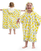 Lemon Tree Hooded Toddler Bath Towel - front and back views of the lemon-print hooded towel