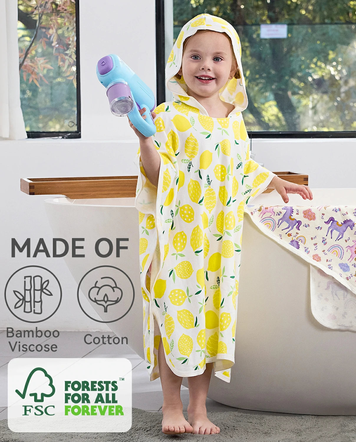 Lemon Tree Hooded Toddler Bath Towel - material information graphic beside a child wearing the hooded towel