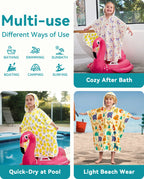 Lemon Tree Hooded Toddler Bath Towel - multi-use infographic showing bath, pool and beach scenes