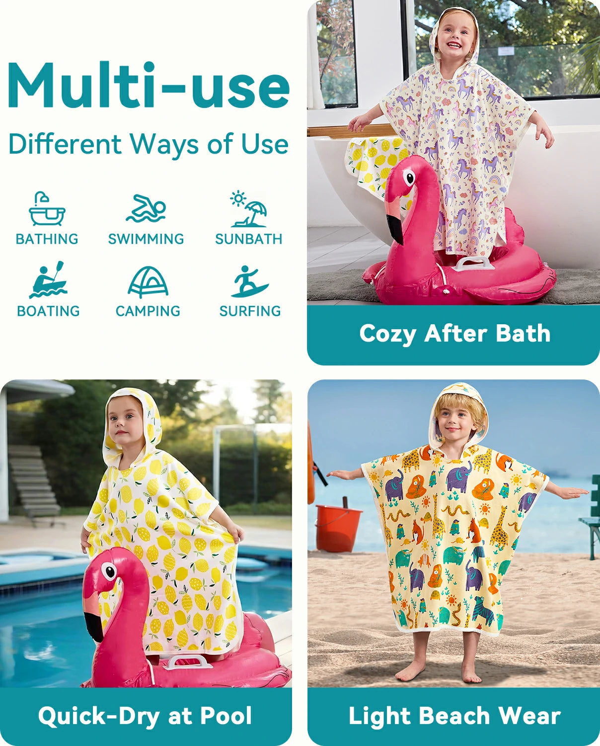 Lemon Tree Hooded Toddler Bath Towel - multi-use infographic showing bath, pool and beach scenes