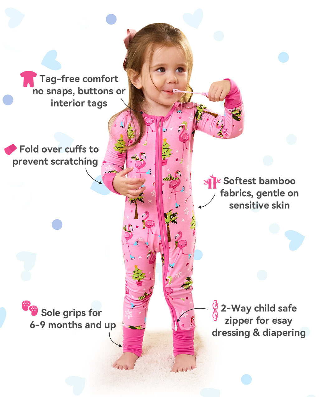 Merry Mingo product information graphic with zipper and cuff detail insets.