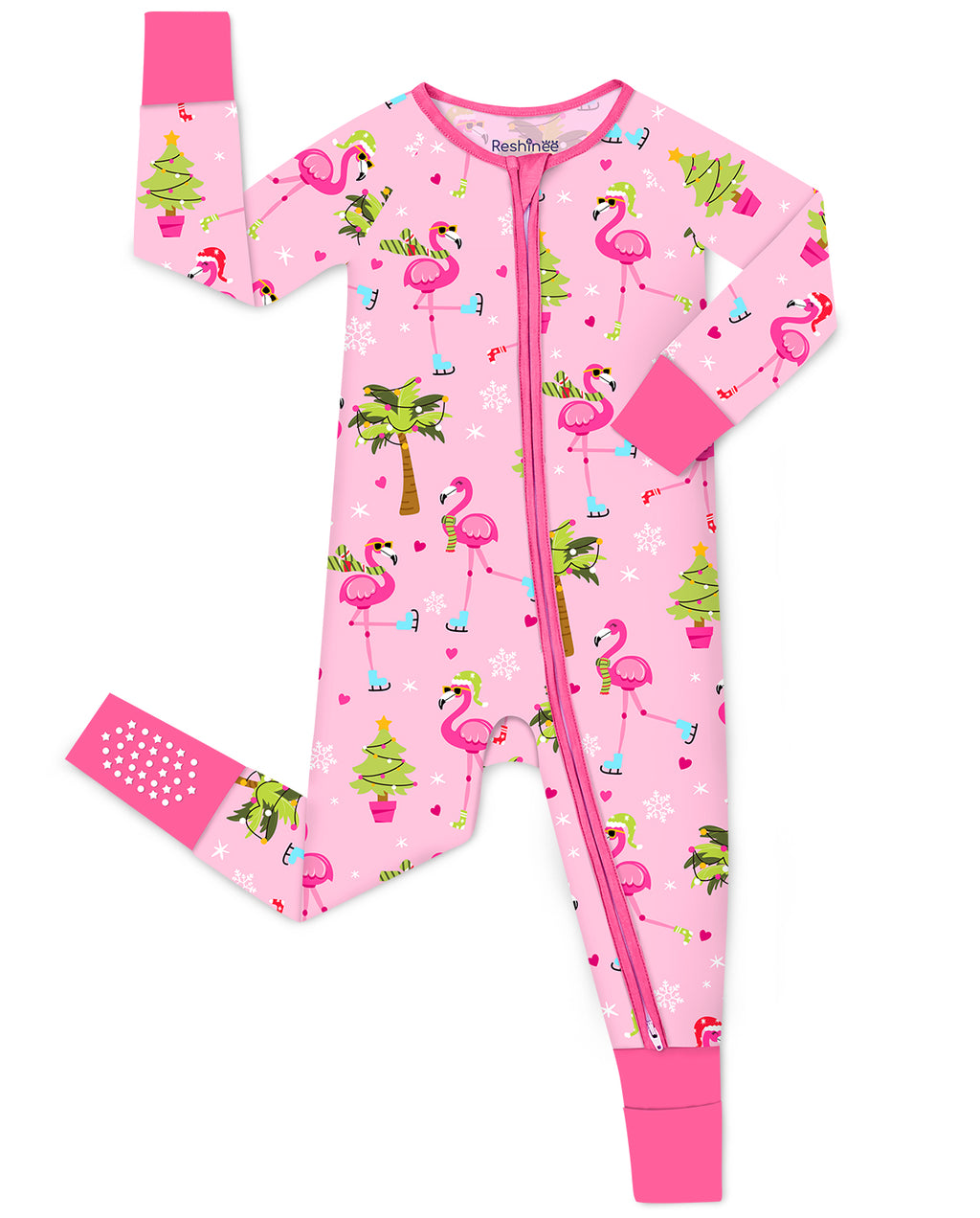 Merry Mingo zip-up romper with pink trim and visible sole grips, laid flat on white.