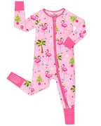 Merry Mingo zip-up romper with pink trim and visible sole grips, laid flat on white.
